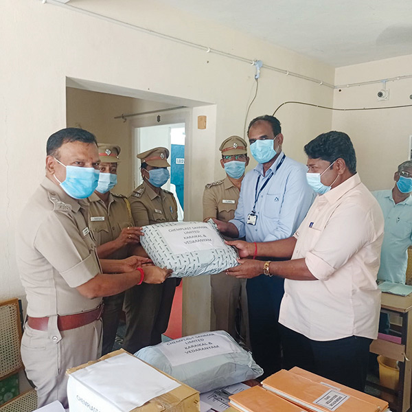 Chemplast Sanmar, Vedaranyam, arranged for face shields, 150 numbers and 3000 ply masks to be provided to police stations at Nagore, Velipalayam, Vedaranyam, Kariapattinam and Nagapattinam town